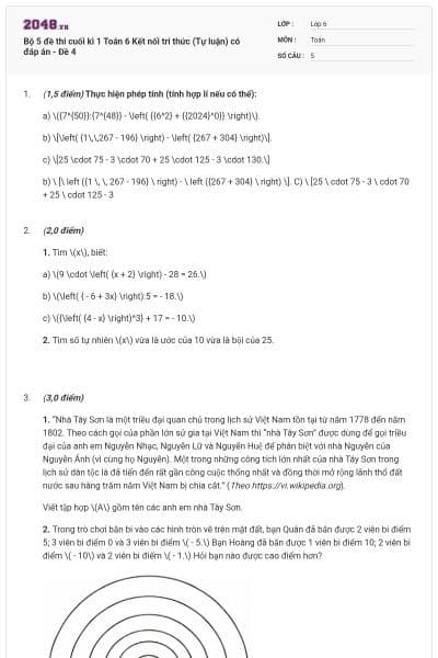 Bộ 5 đề thi cuối kì 1 Toán 6 Kết nối tri thức (Tự luận) có đáp án - Đề 4