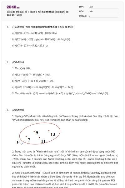 Bộ 5 đề thi cuối kì 1 Toán 6 Kết nối tri thức (Tự luận) có đáp án - Đề 5