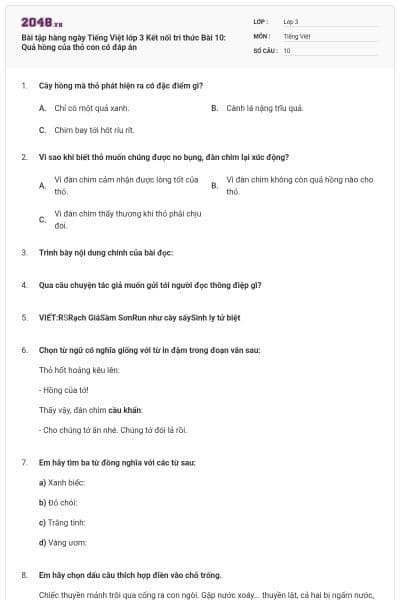Bài tập hàng ngày Tiếng Việt lớp 3 Kết nối tri thức Bài 10: Quả hồng của thỏ con có đáp án