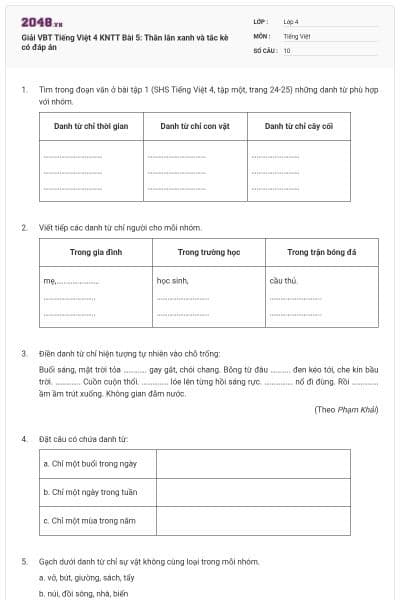 Giải VBT Tiếng Việt 4 KNTT Bài 5: Thằn lằn xanh và tắc kè có đáp án