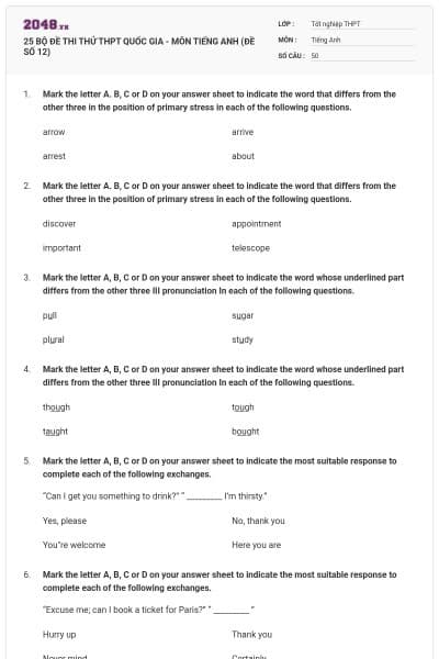 25 BỘ ĐỀ THI THỬ THPT QUỐC GIA - MÔN TIẾNG ANH (ĐỀ SỐ 12)