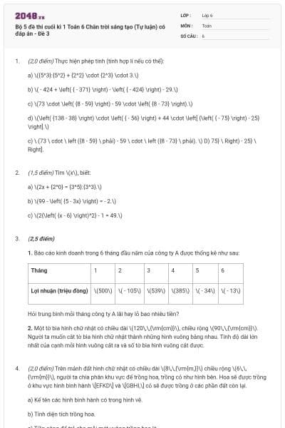 Bộ 5 đề thi cuối kì 1 Toán 6 Chân trời sáng tạo (Tự luận) có đáp án - Đề 3