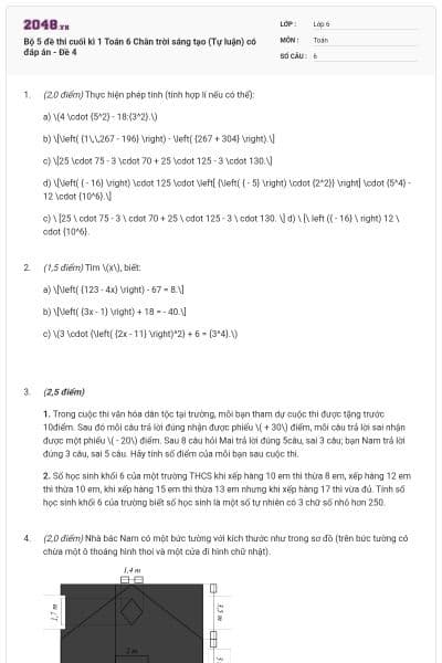 Bộ 5 đề thi cuối kì 1 Toán 6 Chân trời sáng tạo (Tự luận) có đáp án - Đề 4