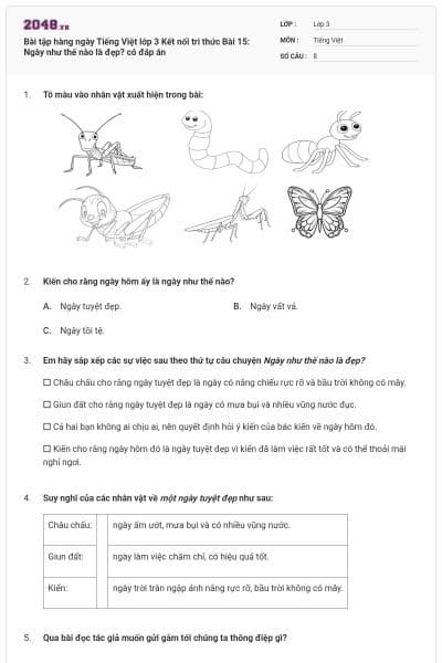 Bài tập hàng ngày Tiếng Việt lớp 3 Kết nối tri thức Bài 15: Ngày như thế nào là đẹp? có đáp án