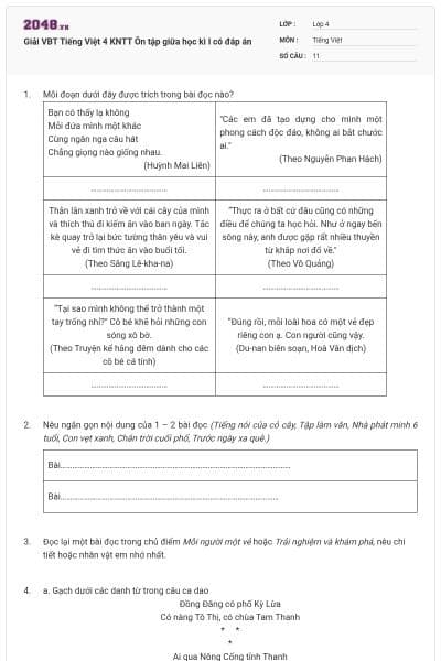 Giải VBT Tiếng Việt 4 KNTT Ôn tập giữa học kì I có đáp án