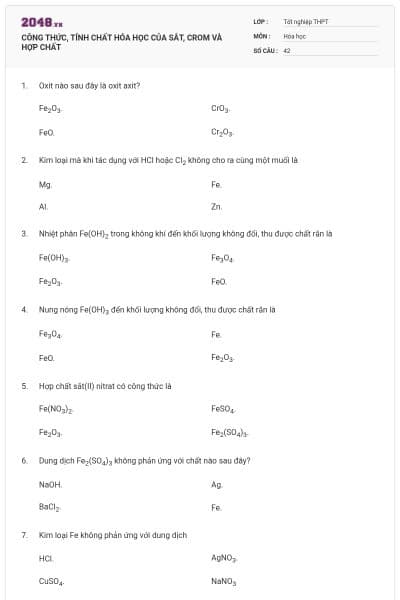 CÔNG THỨC, TÍNH CHẤT HÓA HỌC CỦA SẮT, CROM VÀ HỢP CHẤT