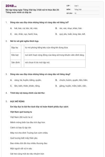 Bài tập hàng ngày Tiếng Việt lớp 3 Kết nối tri thức Bài 20: Tiếng nước mình có đáp án