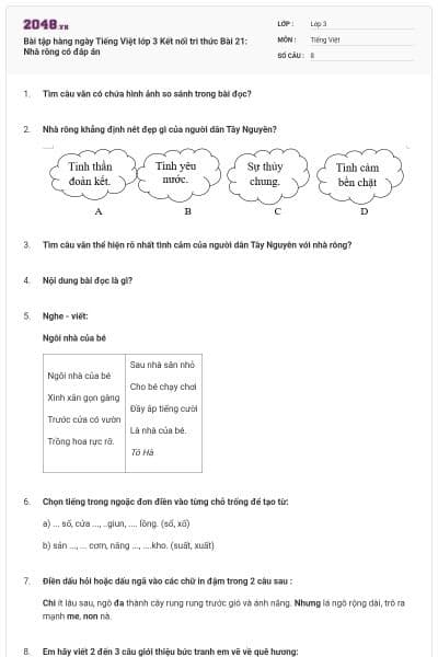 Bài tập hàng ngày Tiếng Việt lớp 3 Kết nối tri thức Bài 21: Nhà rông có đáp án