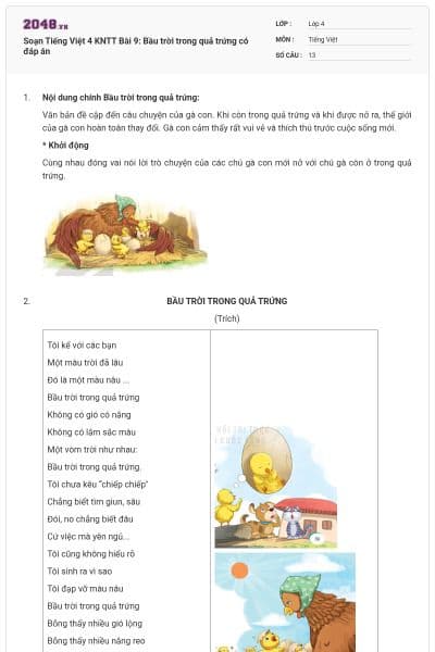 Soạn Tiếng Việt 4 KNTT Bài 9: Bầu trời trong quả trứng có đáp án