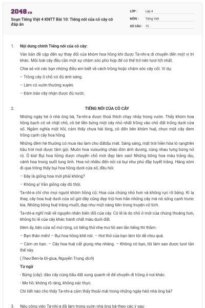 Soạn Tiếng Việt 4 KNTT Bài 10: Tiếng nói của cỏ cây có đáp án
