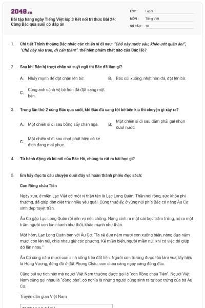 Bài tập hàng ngày Tiếng Việt lớp 3 Kết nối tri thức Bài 24: Cùng Bác qua suối có đáp án