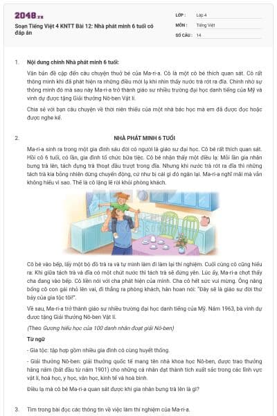 Soạn Tiếng Việt 4 KNTT Bài 12: Nhà phát minh 6 tuổi có đáp án