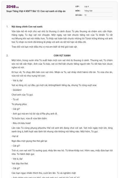 Soạn Tiếng Việt 4 KNTT Bài 13: Con vẹt xanh có đáp án