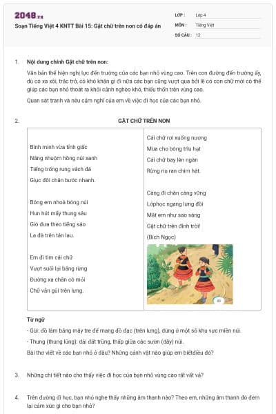 Soạn Tiếng Việt 4 KNTT Bài 15: Gặt chữ trên non có đáp án