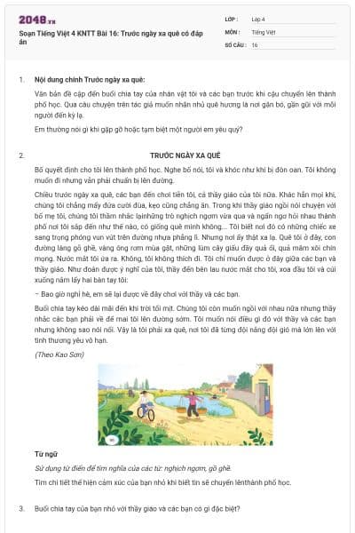 Soạn Tiếng Việt 4 KNTT Bài 16: Trước ngày xa quê có đáp án