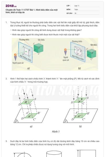 Chuyên đề Toán 11 CTST Bài 1. Hình biểu diễn của một hình, khối có đáp án