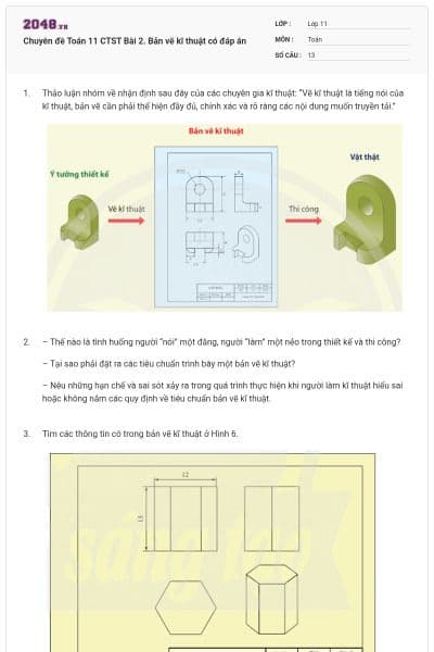 Chuyên đề Toán 11 CTST Bài 2. Bản vẽ kĩ thuật có đáp án
