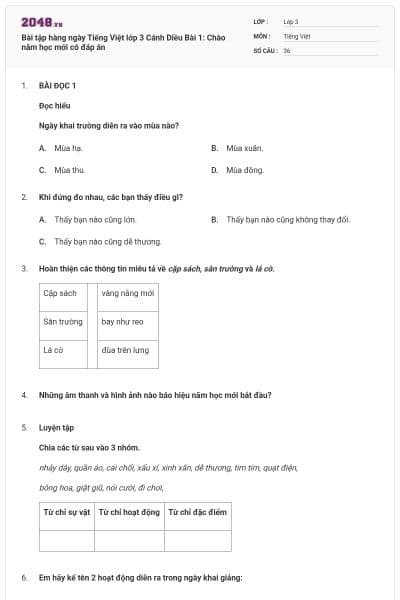 Bài tập hàng ngày Tiếng Việt lớp 3 Cánh Diều Bài 1: Chào năm học mới có đáp án