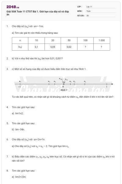 Giải SGK Toán 11 CTST Bài 1. Giới hạn của dãy số có đáp án