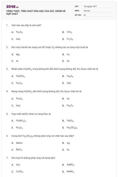 CÔNG THỨC, TÍNH CHẤT HÓA HỌC CỦA SẮT, CROM VÀ HỢP CHẤT