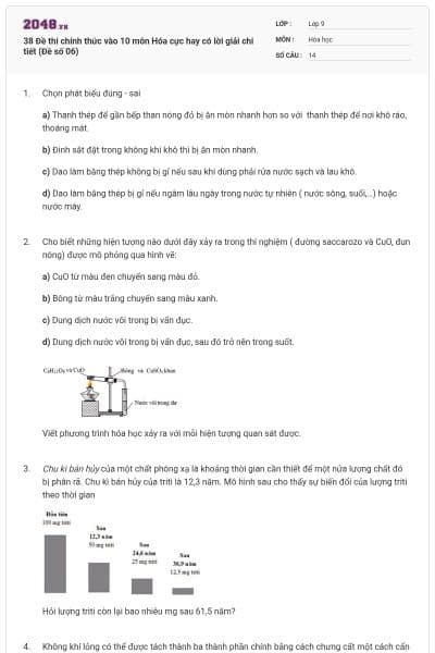 38 Đề thi chính thức vào 10 môn Hóa cực hay có lời giải chi tiết (Đề số 06)