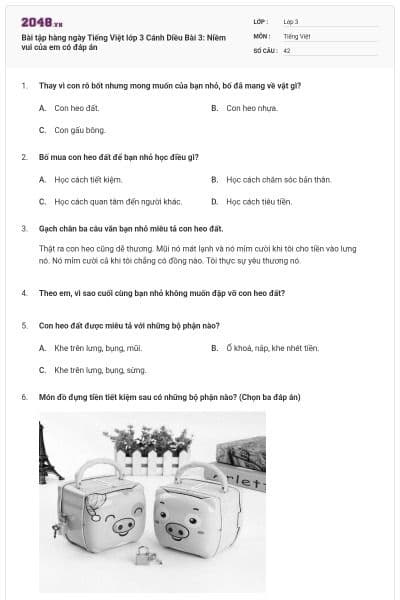 Bài tập hàng ngày Tiếng Việt lớp 3 Cánh Diều Bài 3: Niềm vui của em có đáp án