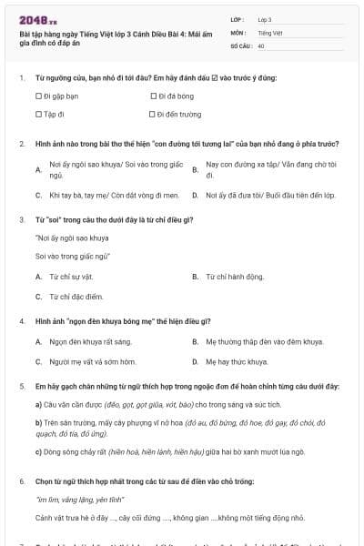Bài tập hàng ngày Tiếng Việt lớp 3 Cánh Diều Bài 4: Mái ấm gia đình có đáp án