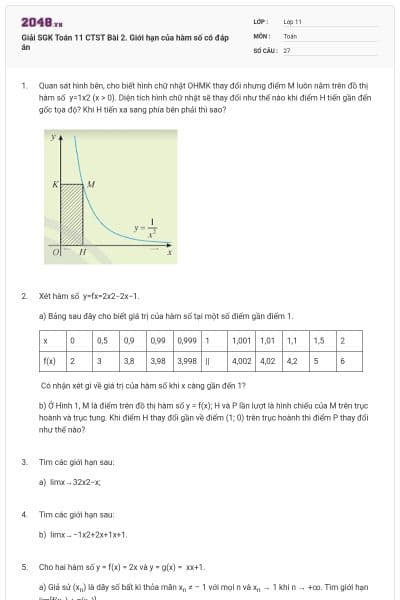 Giải SGK Toán 11 CTST Bài 2. Giới hạn của hàm số có đáp án