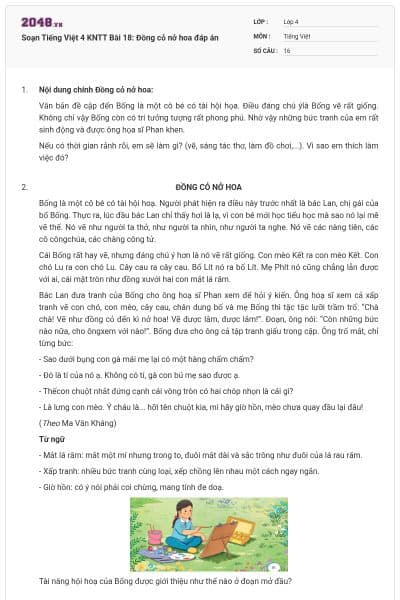 Soạn Tiếng Việt 4 KNTT Bài 18: Đồng cỏ nở hoa đáp án