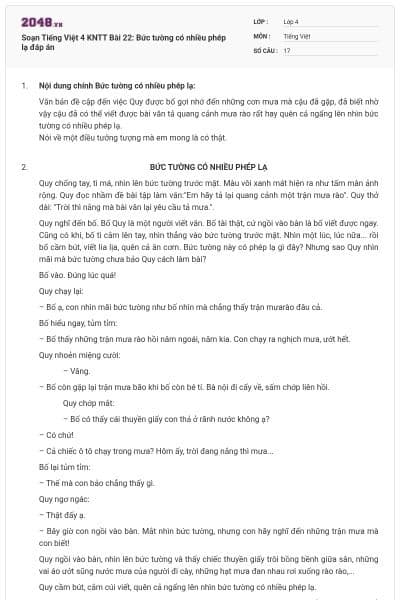 Soạn Tiếng Việt 4 KNTT Bài 22: Bức tường có nhiều phép lạ đáp án