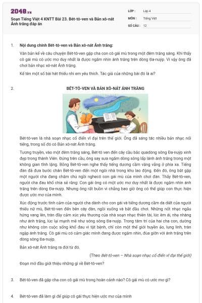 Soạn Tiếng Việt 4 KNTT Bài 23. Bét-tô-ven và Bản xô-nát Ánh trăng đáp án