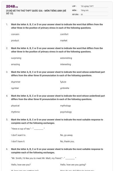 25 BỘ ĐỀ THI THỬ THPT QUỐC GIA - MÔN TIẾNG ANH (ĐỀ SỐ 13)