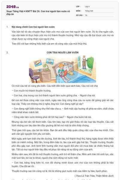 Soạn Tiếng Việt 4 KNTT Bài 26. Con trai người làm vườn có đáp án