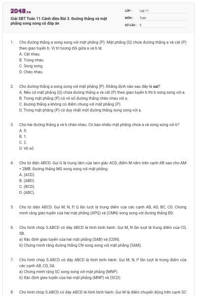 Giải SBT Toán 11 Cánh diều Bài 3. Đường thẳng và mặt phẳng song song có đáp án