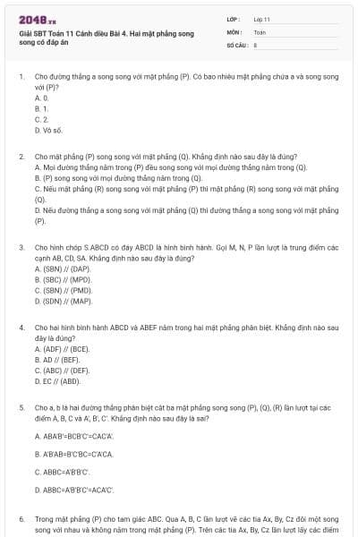 Giải SBT Toán 11 Cánh diều Bài 4. Hai mặt phẳng song song có đáp án