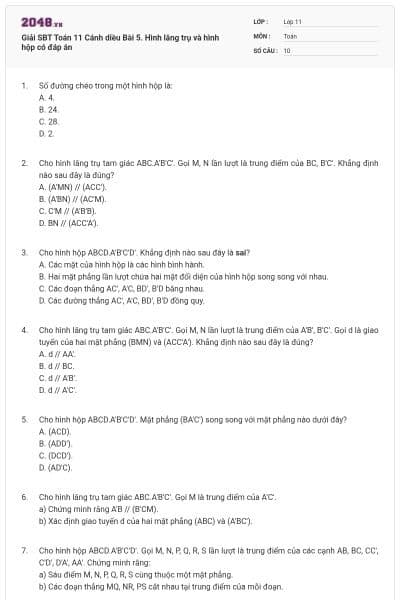 Giải SBT Toán 11 Cánh diều Bài 5. Hình lăng trụ và hình hộp có đáp án
