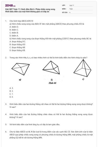 Giải SBT Toán 11 Cánh diều Bài 6. Phép chiếu song song. Hình biểu diễn của một hình không gian có đáp án