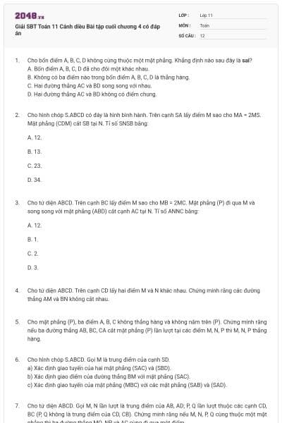 Giải SBT Toán 11 Cánh diều Bài tập cuối chương 4 có đáp án