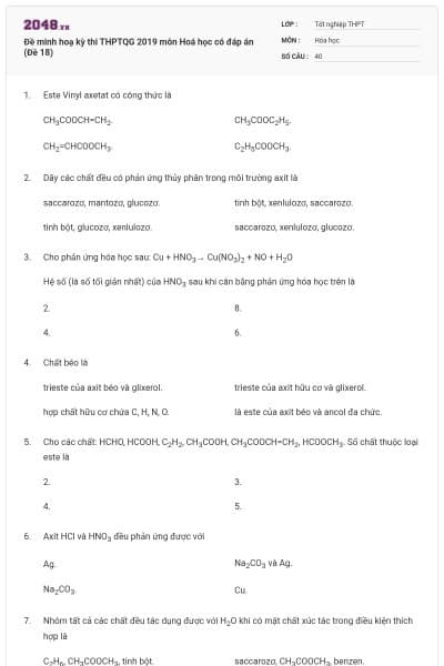 Đề minh hoạ kỳ thi THPTQG 2019 môn Hoá học có đáp án (Đề 18)