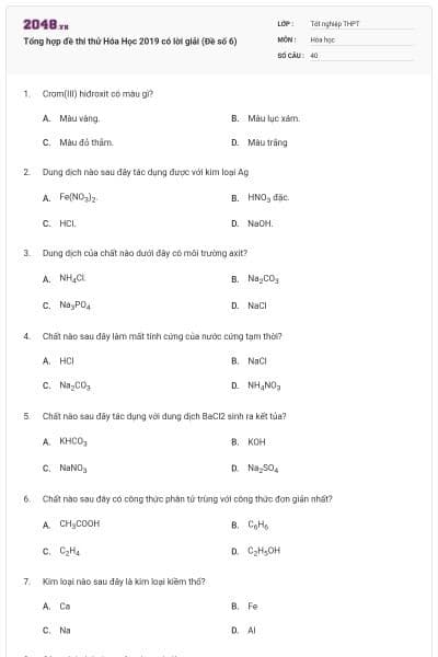 Tổng hợp đề thi thử Hóa Học 2019 có lời giải (Đề số 6)