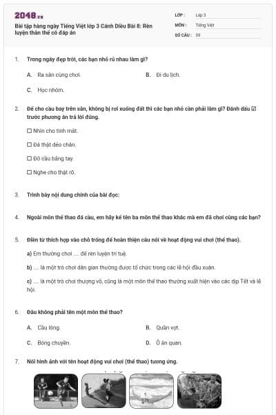 Bài tập hàng ngày Tiếng Việt lớp 3 Cánh Diều Bài 8: Rèn luyện thân thể có đáp án