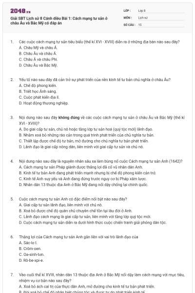 Giải SBT Lịch sử 8 Cánh diều Bài 1: Cách mạng tư sản ở châu Âu và Bắc Mỹ có đáp án