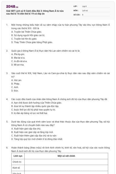 Giải SBT Lịch sử 8 Cánh diều Bài 3: Đông Nam Á từ nửa sau thế kỉ 16 đến thế kỉ 19 có đáp án