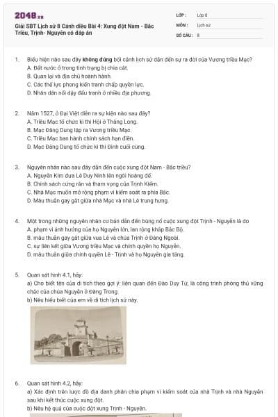 Giải SBT Lịch sử 8 Cánh diều Bài 4: Xung đột Nam - Bắc Triều, Trịnh- Nguyễn có đáp án