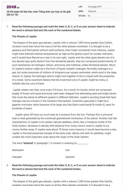 30 đề luyện thi Đại Học môn Tiếng Anh cực hay có lời giải (Đề số 16)