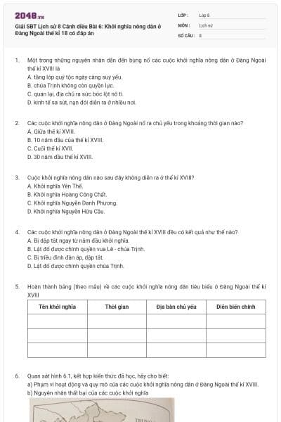 Giải SBT Lịch sử 8 Cánh diều Bài 6: Khởi nghĩa nông dân ở Đàng Ngoài thế kỉ 18 có đáp án