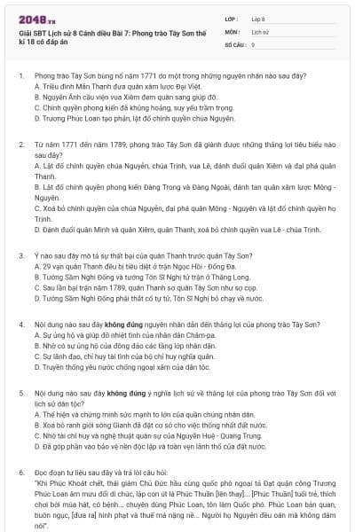 Giải SBT Lịch sử 8 Cánh diều Bài 7: Phong trào Tây Sơn thế kỉ 18 có đáp án