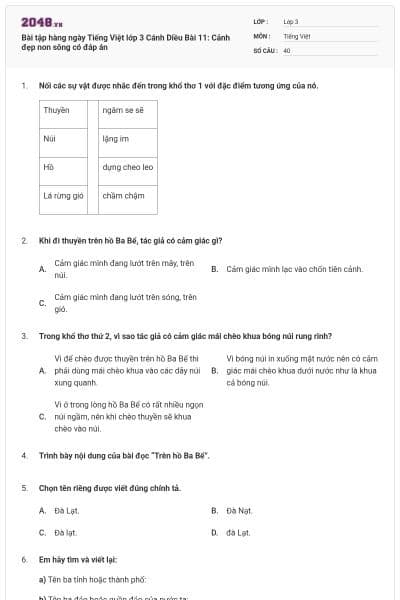 Bài tập hàng ngày Tiếng Việt lớp 3 Cánh Diều Bài 11: Cảnh đẹp non sông có đáp án