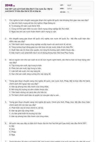 Giải SBT Lịch sử 8 Cánh diều Bài 9: Các nước Âu- Mỹ từ cuối thế kỉ 19 đến đầu thế kỉ 20 có đáp án