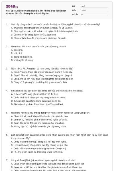 Giải SBT Lịch sử 8 Cánh diều Bài 10: Phong trào công nhân và sự ra đời của chủ nghĩa Mác có đáp án